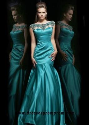 Sheer Boat Neck Sequined Emerald Satin Trumpet Gown Under 200