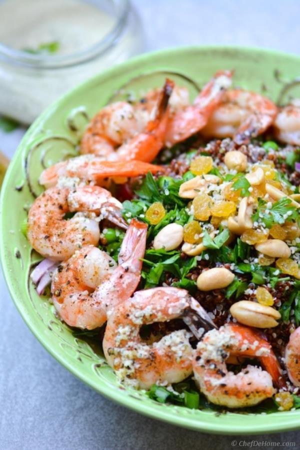 Roasted Shrimp and Quinoa Salad with Ginger-Hemp Dressing Recipe - ChefDeHome.com