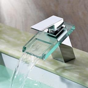 Chrome Finish Waterfall Bathroom Sink Faucet with Glass Spout--FaucetSuperDeal.com