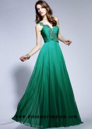 Chiffon One Shoulder With Beaded Long Emerald Prom Dresses