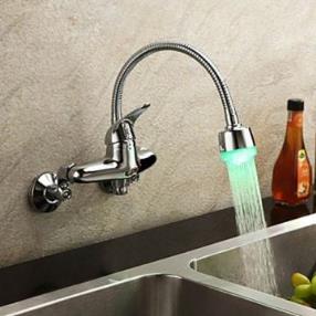 Chrome Finish Color Changing LED Single Handle Wall Mount Kitchen Faucet--Faucetsmall.com