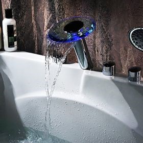 Hydroelectric Power Chrome Two Handles LED Waterfall Glass Tub Faucet With Hand Shower--Faucetsuperseal.com
