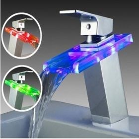 Chrome Single Handle Mount LED Glass Waterfall Bathroom Sink Faucet--Faucetsuperseal.com