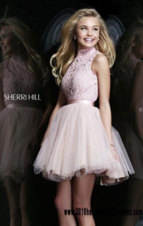 Sherri Hill 21345 High Neck Lace Embellished Open Back Blush Short Tulle Cocktail Dresses Online Sale 2016