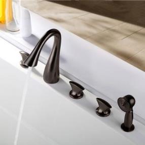 Antique Oil-rubbed Bronze Five Holes Two Handles Waterfall Handshower Included Bathtub Faucet --Faucetsdeal.com
