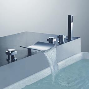 Chrome Finish Curve Spout Three Handles Tub Faucet with Handshower-- FaucetSuperDeal.com