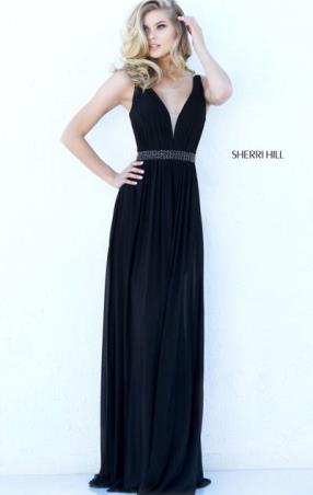 Sherri Hill 50760 Beaded Embellishments Plunging V Neckline 2017 Black Ruched Long Chiffon Prom Dresses