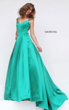Beaded Straps Emerald Sherri Hill 50229 Sweetheart Neckline 2016 Long Satin Evening Gown