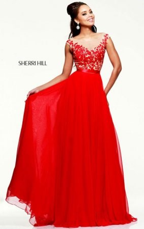 Sherri Hill 11151 V-Back Sweetheart Jeweled Chiffon Red Evening Dress Cheap
