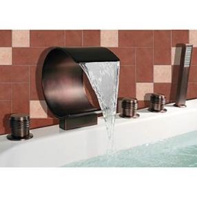 (Curved Shape Design) Oil-rubbed Bronze Waterfall Widespread Bathtub Faucet with Hand Shower--Faucetsmall.com