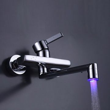Wall Mount Chrome Finish Brass Kitchen Faucet with Color Changing LED Light--Faucetsmall.com