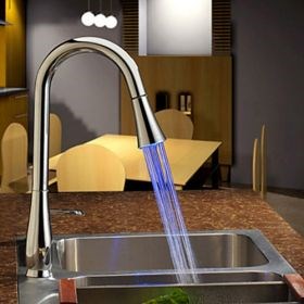 Contemporary Pull Down Kitchen Faucet with Color Changing LED Light--Faucetsuperseal.com
