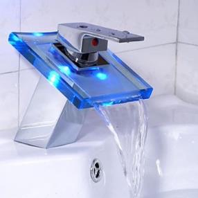 Chrome Finish Single Handle Waterfall LED Bathroom Sink Faucet--Faucetsmall.com