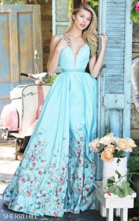 Sleeveless Floral Printed Plunging V Neckline 2017 Blue Beaded Waistband Long Taffeta Evening Dresses Sherri Hill 51232