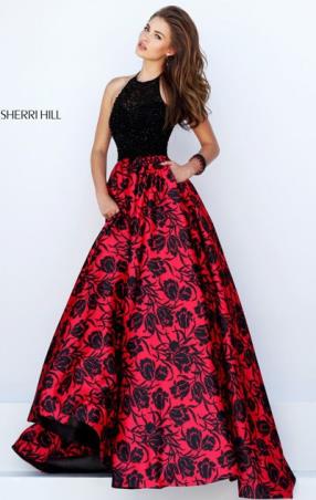 Sherri Hill 50245 Beaded Embellishments Halter Neckline Black Red 2016 Long Floral Printed Prom Dresses