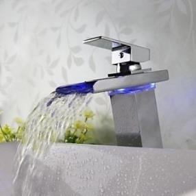 Contemporary Widespread Chrome Finish LED Waterfall Bathroom Sink Faucet--faucetsdeal.com