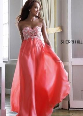 2015 Low Price Sherri Hill 3907 Coral Beaded Long Chiffon Dress Discount At www.darlingpromgown.com
