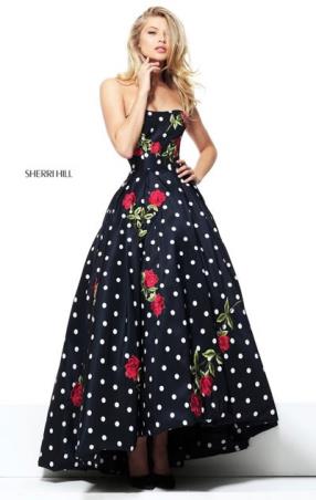 Straight Neckline Polka Dot Sherri Hill 50945 Strapless Rose Printed Black Ivory Red 2017 Long Satin Prom Dresses
