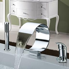 Widespread Contemporary Chrome Finish Two Handles Waterfall Tub Faucet With Handshower-- FaucetSuperDeal.com