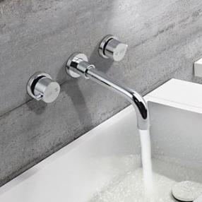 Two Handles Rotatable Contemporary Chrome Brass Wall Mounted Bathroom Sink Faucets--Faucetsdeal.com