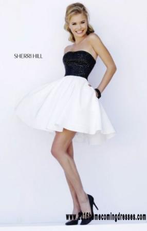 2016 Strapless Black White Straight Neck Bodice Short Homecoming Dresses On Sale Sherri Hill 32154 Beaded