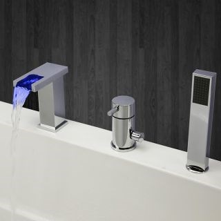 Contemporary Chrome Finish Three Holes Single Handle LED Waterfall Bathtub Faucet with Hand Shower At FaucetsDeal.com