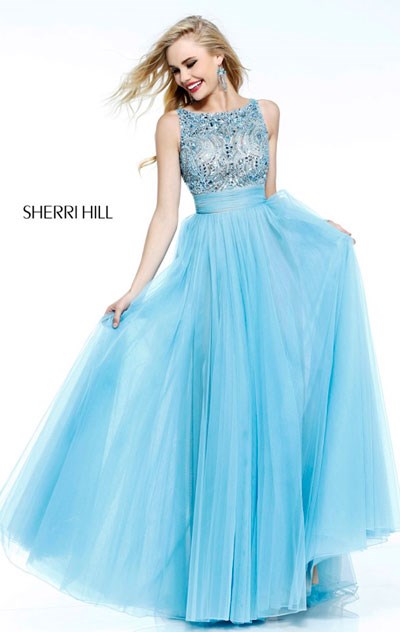 Beaded Sherri Hill 11022 Open-Back Light Blue High-Neck Discount Long Evening Gowns