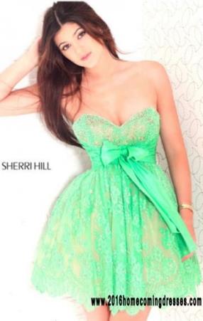 2016 Sweetheart Neck Sherri Hill 2841 Bodice Short Lace Cocktail Dresses Custom Beaded Bows Green
