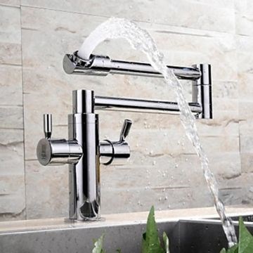 Contemporary Extension Chrome Finish Brass One Hole Kitchen Faucet with Two Handles--Faucetsmall.com