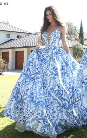 2017 Sherri Hill 51267 Sleeveless Plunging V Neckline Floral Printed Ivory Blue Long Sheer Prom Dresses