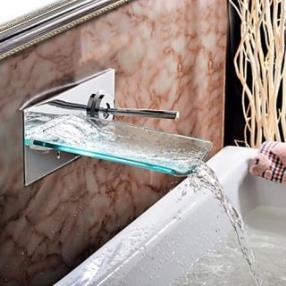 Single Handle Chrome Waterfall Wall-mount Glass Bathtub Faucet--FaucetSuperDeal.com