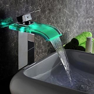 Contemporary Chrome Finish(Tall) LED Waterfall Hydroelectric Power Glass Bathroom Sink Faucet--Faucetsdeal.com