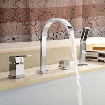 Contemporary Chrome Finish Two Handles Widespread With Brass Handled Shower Head Tub Faucet--Faucetsmall.com