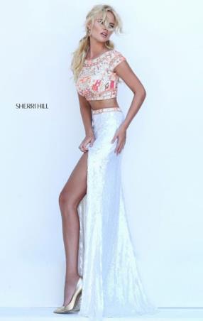 Beaded Patterned Boat Neckline Two Piece Ivory Multi 2016 Sequin Cap Sleeves Long Slit Prom Dresses