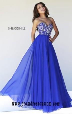 Cheap Royal Sweetheart-Neck Sherri Hill 8545 Beaded Long Bodice Prom Dresses