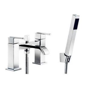 Centerset Double Handles Bridge Solid Brass Tub Faucet with Hand Shower - Chrome Finish--FaucetSuperDeal.com