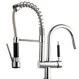 Solid Brass Spring Pull Out Kitchen Faucet ( Brushed Finish )--FaucetSuperDeal.com
