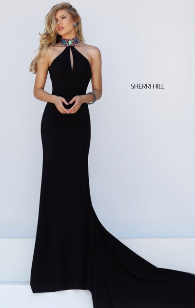 Open Back Jeweled 2016 Black Multi Sherri Hill 50122 Halter Neckline Cutout Long Evening Gown