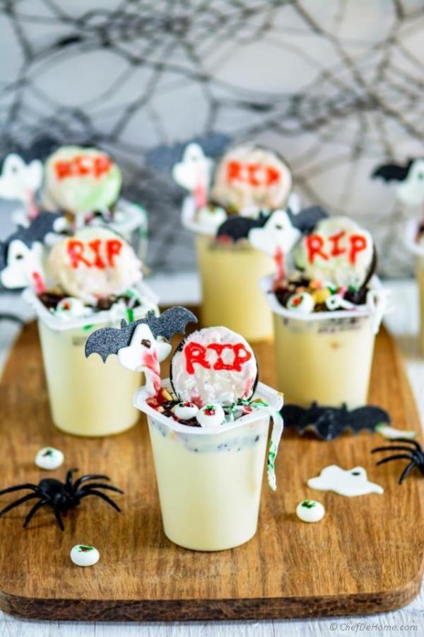 Witch House in Graveyard - Halloween Pudding Cups  Recipe - ChefDeHome.com