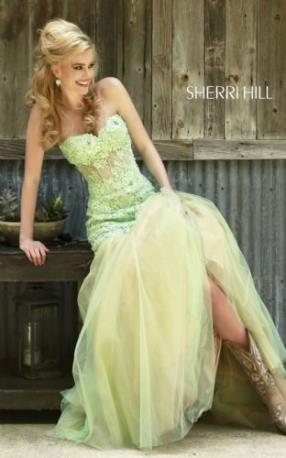  Lace Prom Dress 2015 Green Strapless Sherri Hill 11155