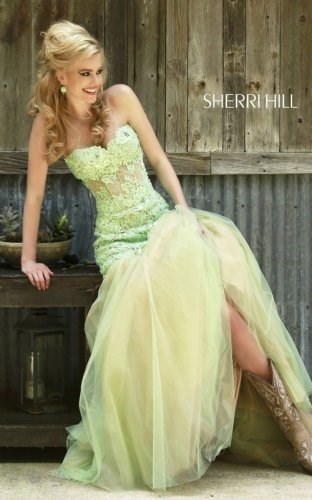   Lace Prom Dress 2015 Green Strapless Sherri Hill 11155