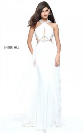 Halter Cutout Open Back Sherri Hill 51131 Ivory Beading Evening Gown