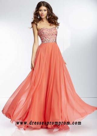 Cheap Coral Jewel Beaded Strapless Long Prom Dresses Sale