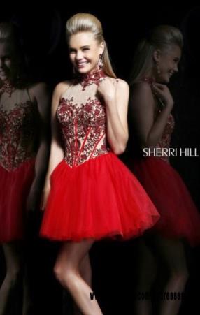 Red Nude Beaded Embellished Sweetheart Neck Keyhole Short Tulle Cocktail Dresses On Sale 2016 Sherri Hill 21225