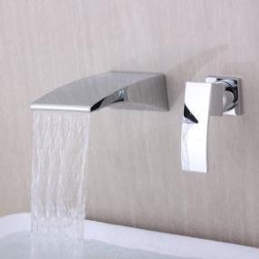 Contemporary Wall-mounted Waterfall Chrome Finish Curve Spout Bathroom Faucet At FaucetsDeal.com
