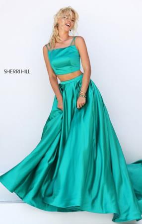 Sherri Hill 50295 Sleeveless 2016 Emerald Two Piece Straight Neckline Slim Straps Long Satin Evening Gown