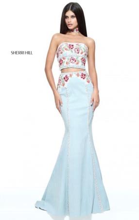 2017 Two Piece Sleeveless Beaded Light Blue Multi Long Satin Mermaid Gown Sherri Hill 51060 Floral Embroidered