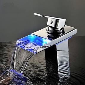 Contemporary Chrome Finish Single Handle One Hole Waterfall Bathroom Sink Faucet with LED Light--FaucetSuperDeal.com