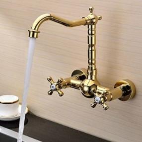 Ti-PVD Finish Solid Brass Wall Mount Two Handles Centerset Kitchen Faucet--Faucetsmall.com