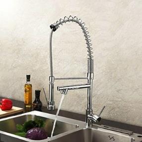 Single Handle Solid Brass Spring Kitchen Faucet with Two Spouts - Chrome Finish--Faucetsmall.com
